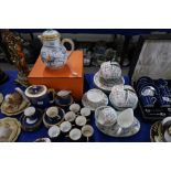 A Hermes Toucan coffee pot, Minton Haddon Hall teaset and Royal Worcester and Minton coffee cans and