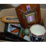 A box of miscellaneous including ice bucket, shuttle, hardwood plaques etc Condition Report: