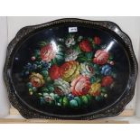 A Russian tole tray hand painted with flowers and gilt borders, painted signature to base and