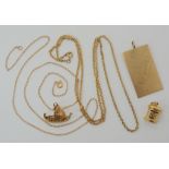 Two 9ct gold charms, a post box and a Viking ship, 9ct Shona pendant and two chains (af) weight