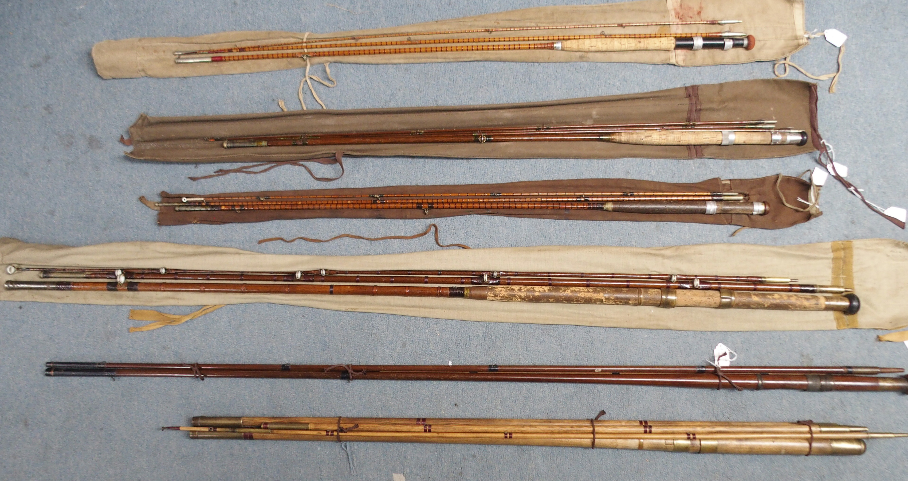 Six various rods including Haynes & Sons three-piece The Blarney, J Wilson oak four-piece, Anderson,