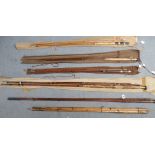 Six various rods including Haynes & Sons three-piece The Blarney, J Wilson oak four-piece, Anderson,