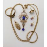 A 9ct gold blue glass and pearl Edwardian pendant, length 4.5cm with an 18ct gold chain (clasp