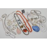 Coral beads, a rose quartz pendant, silver chains etc Condition Report: Not available for this lot