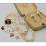 A pair of 9ct gold Ciro pearl earrings, further 9ct earrings, smoky quartz pendant weight together