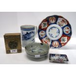 A Chinese blue and white vase, an Imari plate, a brass box with green hardstone plaque etc Condition