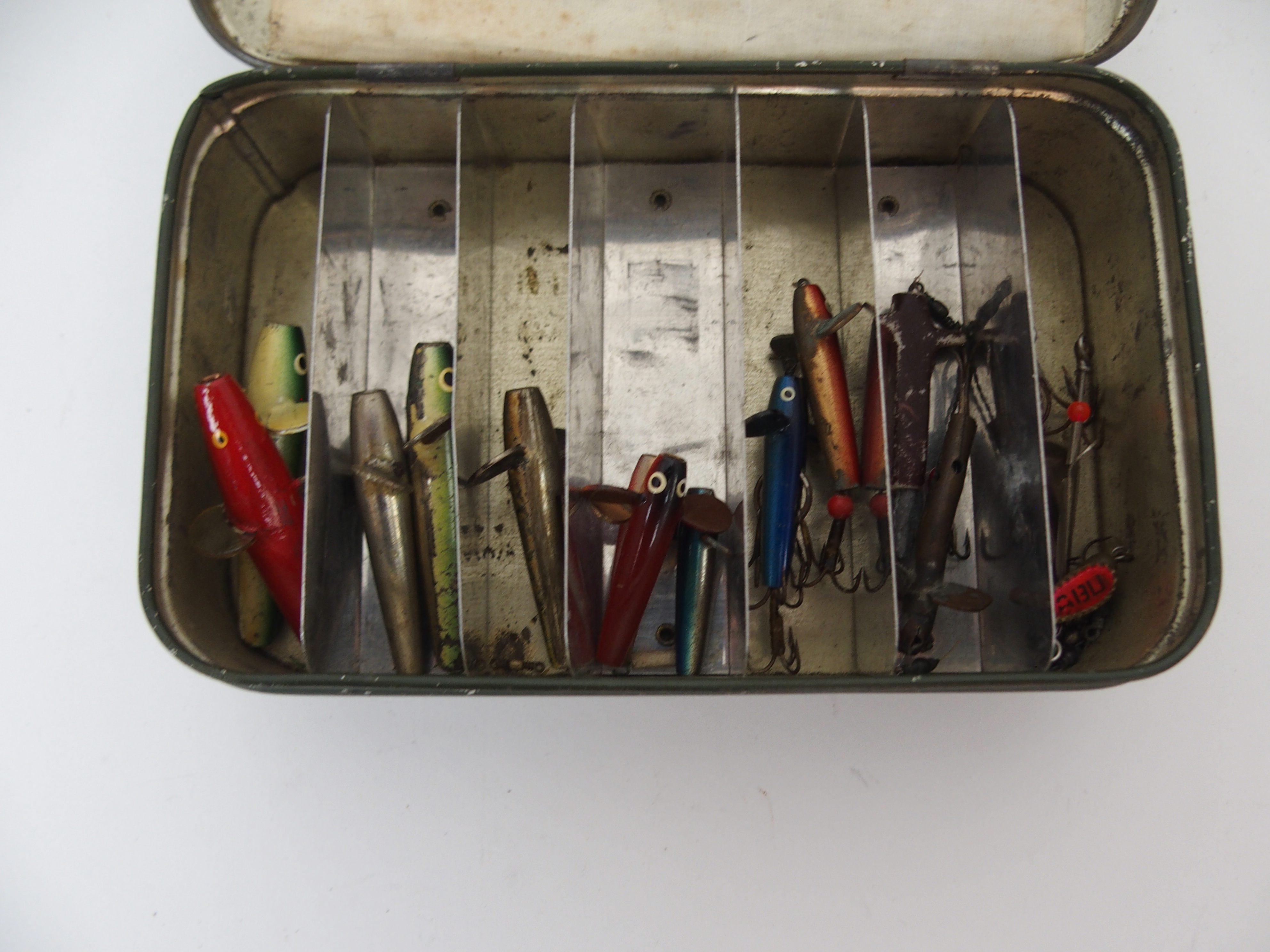 A Wheatley alloy fly case with spring loaded compartments with trout flies, Malloch's Patent - Image 6 of 6