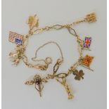 A 9ct gold fancy link charm bracelet hung with four 9ct charms, a yellow metal zebra charm, weight