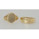 A 9ct oval signet ring, size T, and aa further signet ring size V, weight together 6.5gms