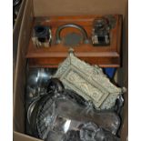 A box of EP, brass and a wooden inkstand Condition Report: Available upon request