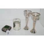 A lot comprising a pair of silver vases (def), a talcum box, Sheffield 1938 and a pocket watch