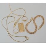 A 9ct gold bracelet length 19cm, a chain two pendants and two signet rings (af) weight combined 14.