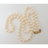 A string of pearls with 9ct gold clasp, length 48cm, each pearl approx 5.8mm, weight 20.2gms