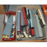 Two boxes of various Hornby and other railway coaches, wagons and accessories etc Condition