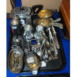 A tray lot of ep - tea service, castor, sugar scuttle, loose cutlery etc. Condition Report: