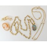 A 14k gold opal triplet pendant weight 2.8gms on a gold plated chain, a 9ct pearl set rope chain,