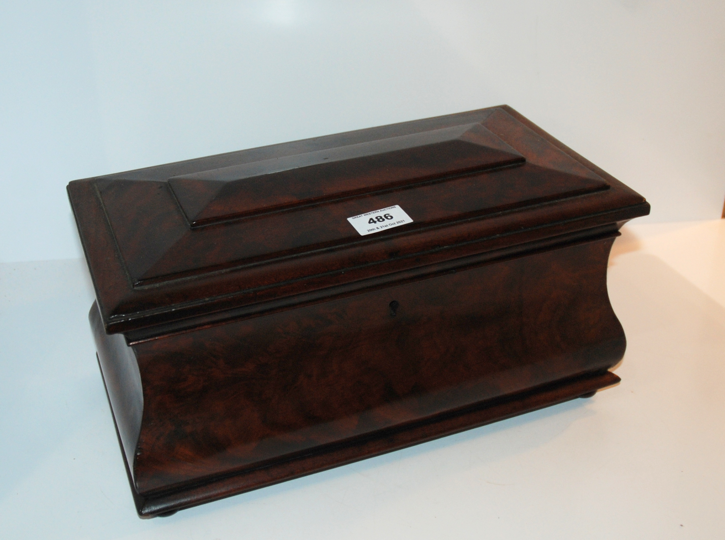 A Victorian mahogany sarcophagus tea caddy with glass mixing bowl, 36cm wide Condition Report: