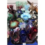 A selection of coloured cut glass and crystal including a jack in the pulpit vase, art glass, a pair
