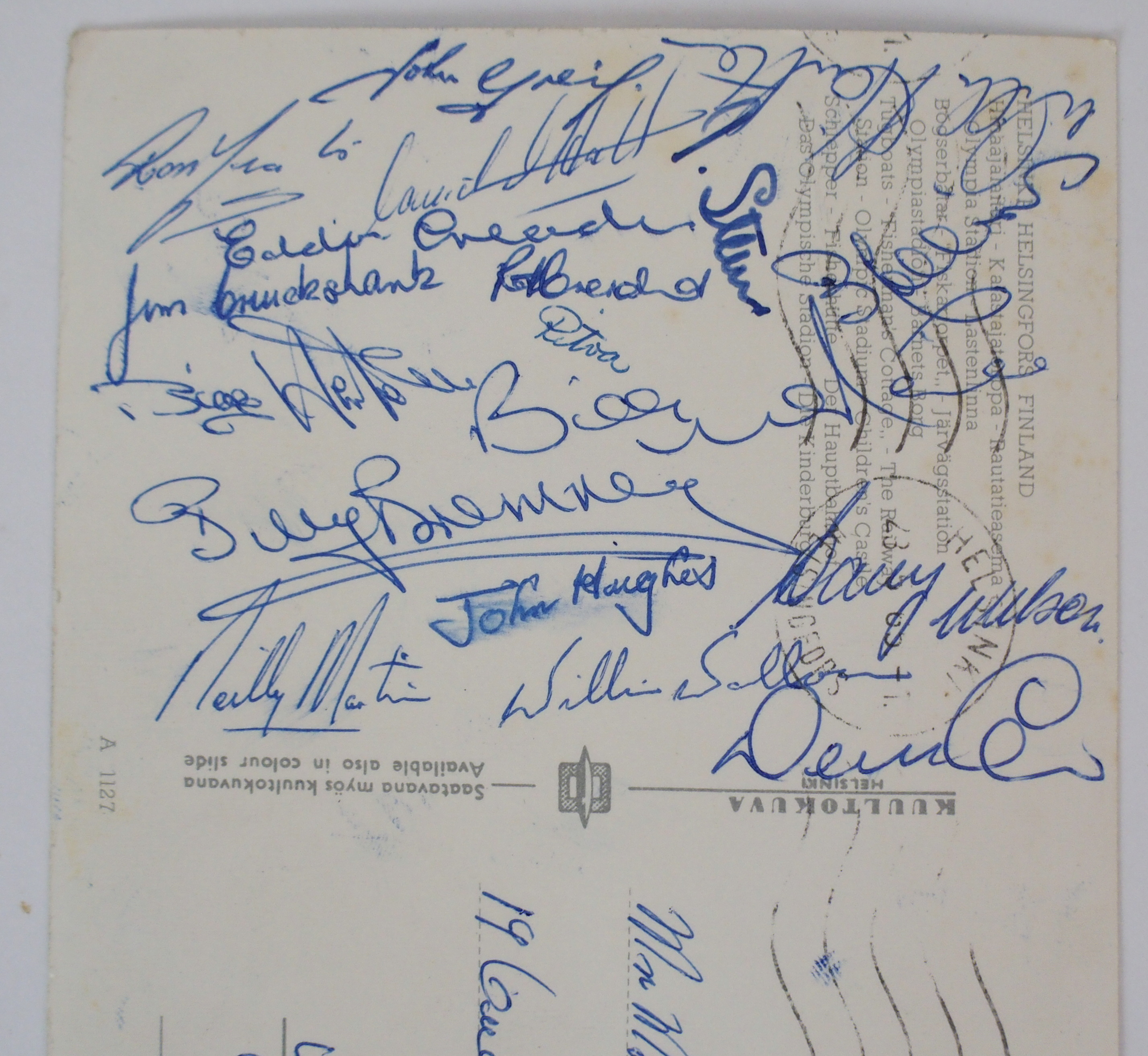Finland v. Scotland 27/5/1965: An autographed postcard bearing numerous signatures including Denis - Image 2 of 4