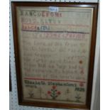 An early alphabet sampler by Elizabeth Stephenson, 1820, framed and glazed, 44 x 30cm, an