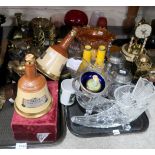 A selection of brassware including candlesticks, Viking figures, Wade whisky bottles, assorted cut