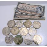 A collection of Canadian banknotes, six 100 dollar notes 1954, five 50 dollar notes 1954, five 10