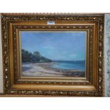 J M STEWART Yachts off a coastline, signed, oil on canvas, 16 x 36cm Condition Report: Available