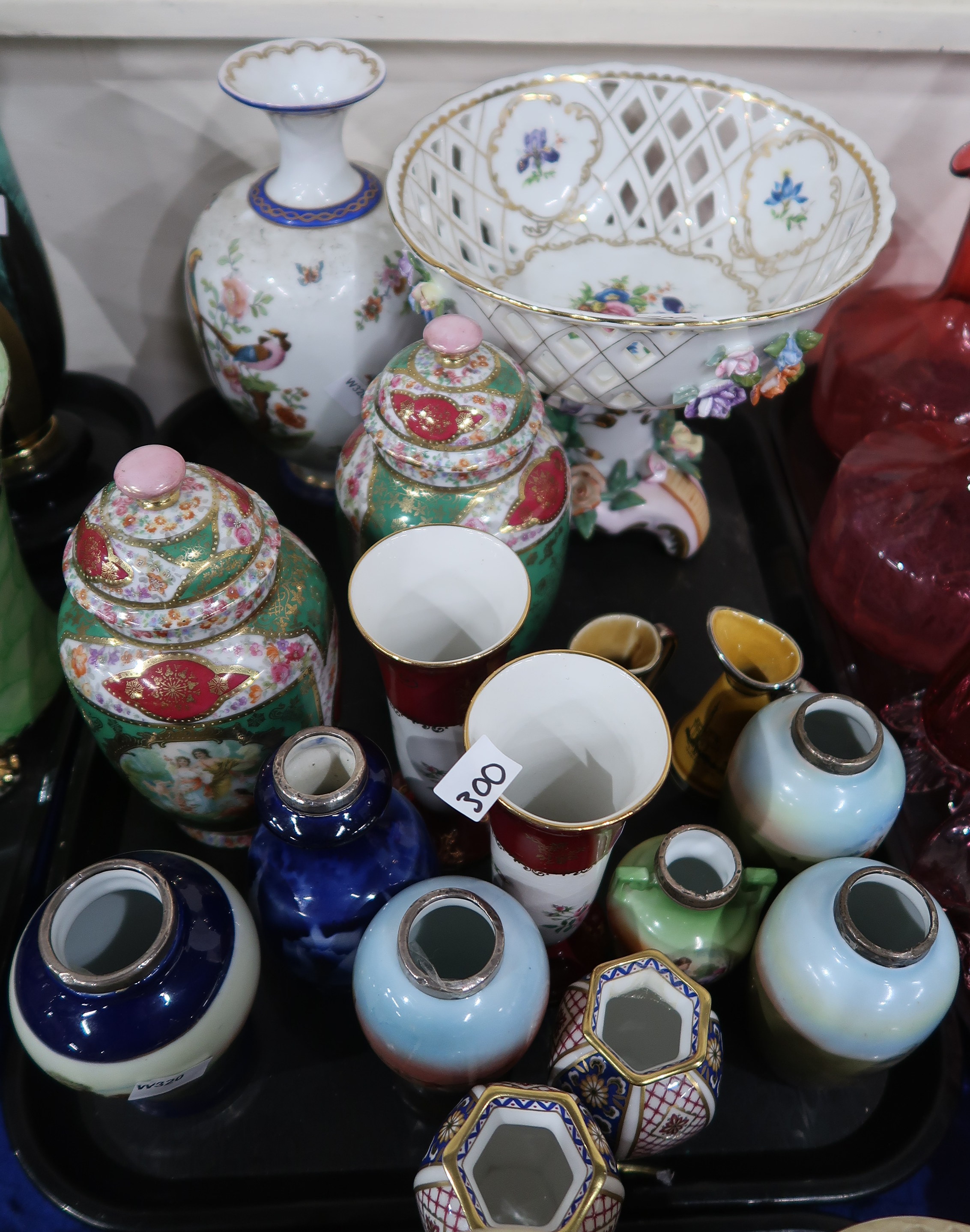 A Dresden Royale reticulated bowl, a pair of continental ginger jars decorated with classical - Image 2 of 2