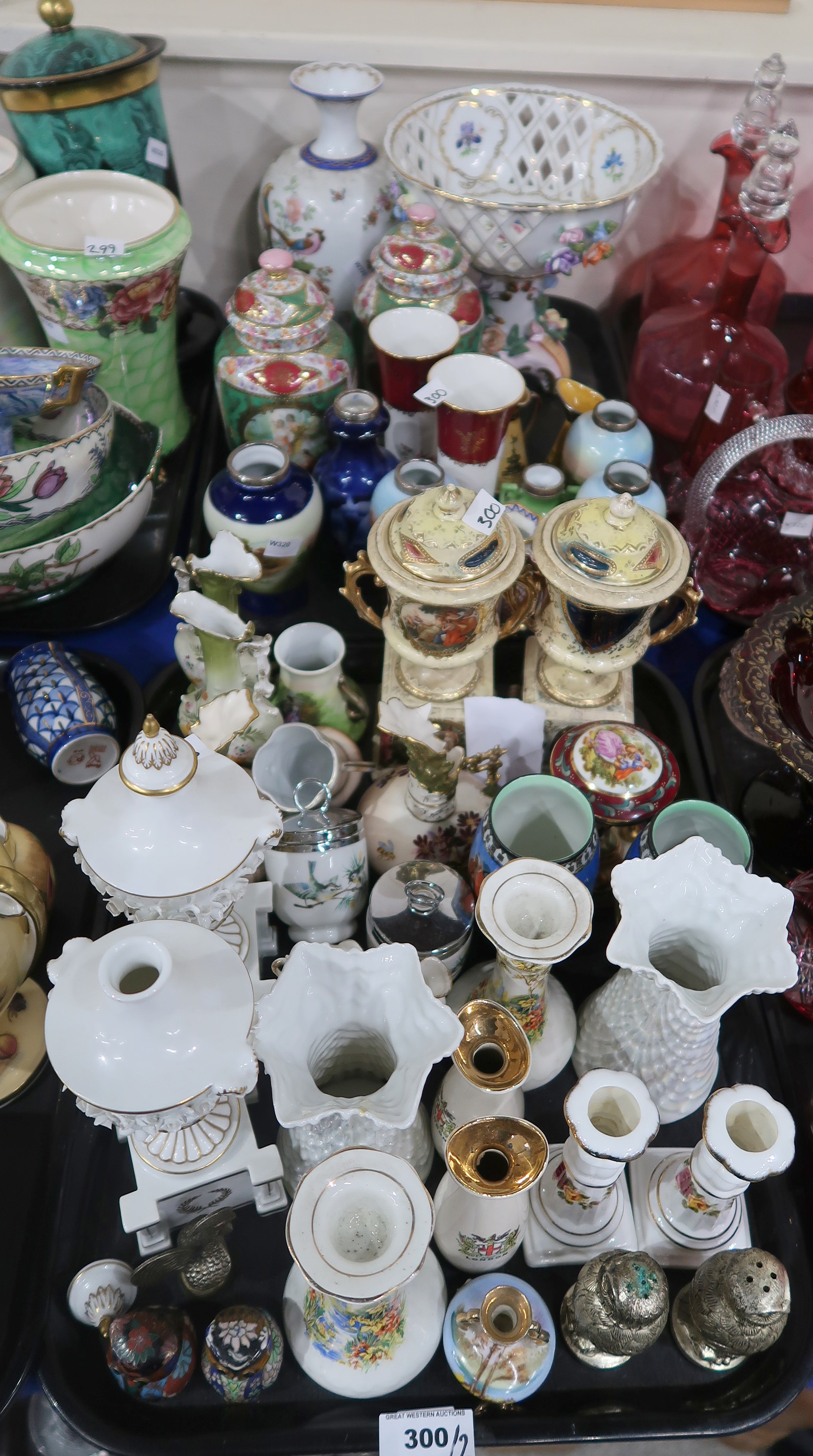 A Dresden Royale reticulated bowl, a pair of continental ginger jars decorated with classical