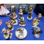 Seven Hummel figures, a plate and three ceramics bird groups Condition Report: Three of the