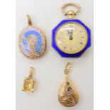 A 9ct pear shaped locket, a 9ct citrine pendant, weight 2.4gms, a back & front locket with enamelled