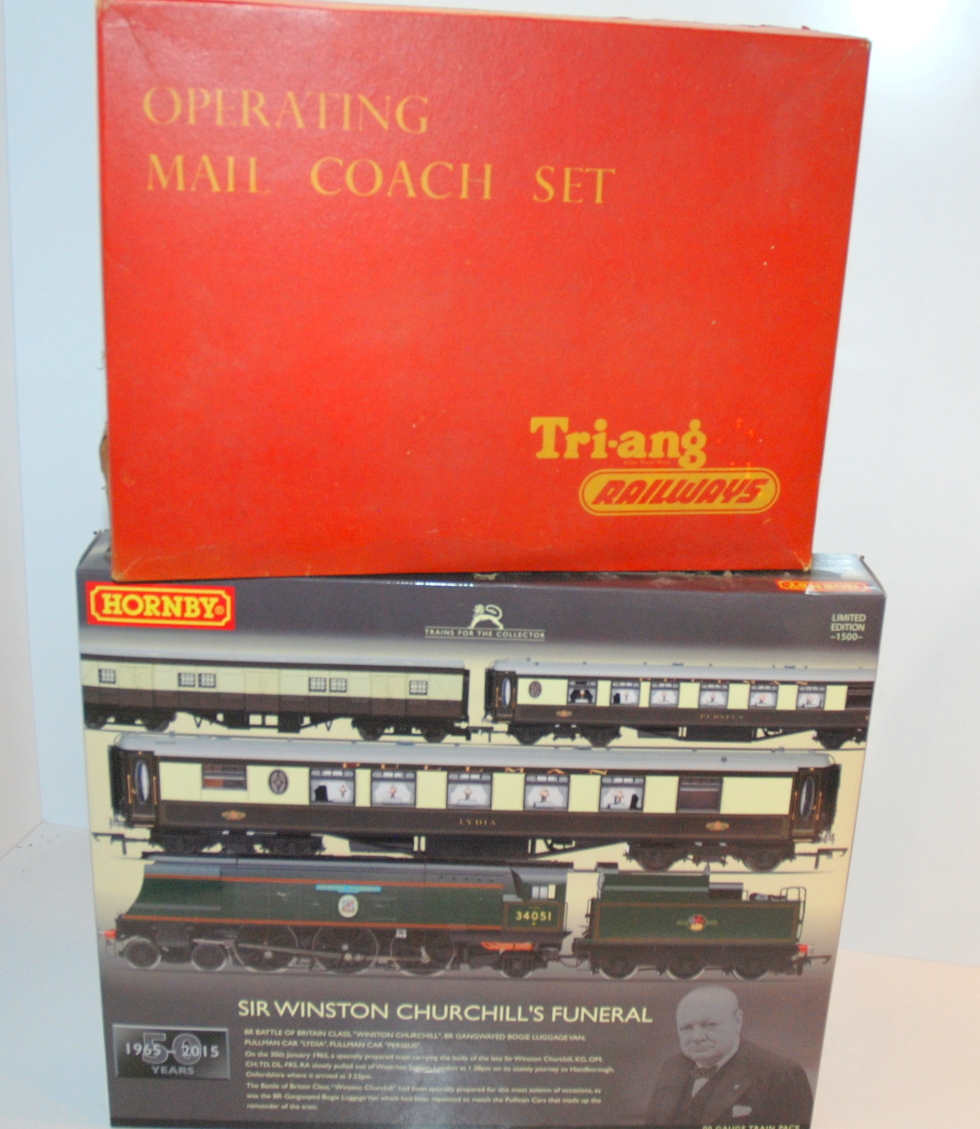 A Hornby Sir Winston Churchill's Funeral set in original box and R.119 Operating Mail Coach Set