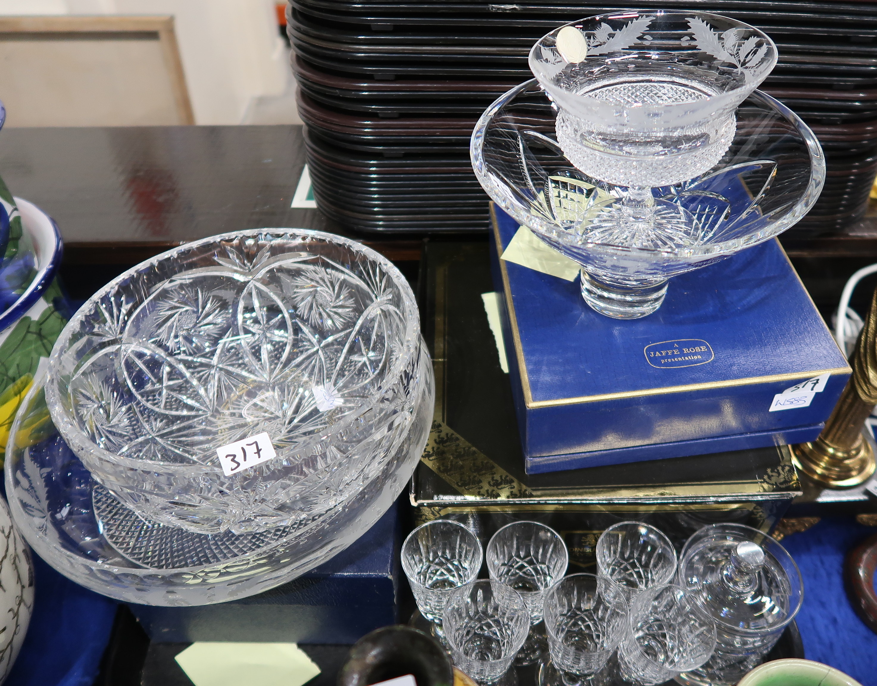 A selection of cut glass and crystal, examples by Edinburgh crystal including a frosted bowl and