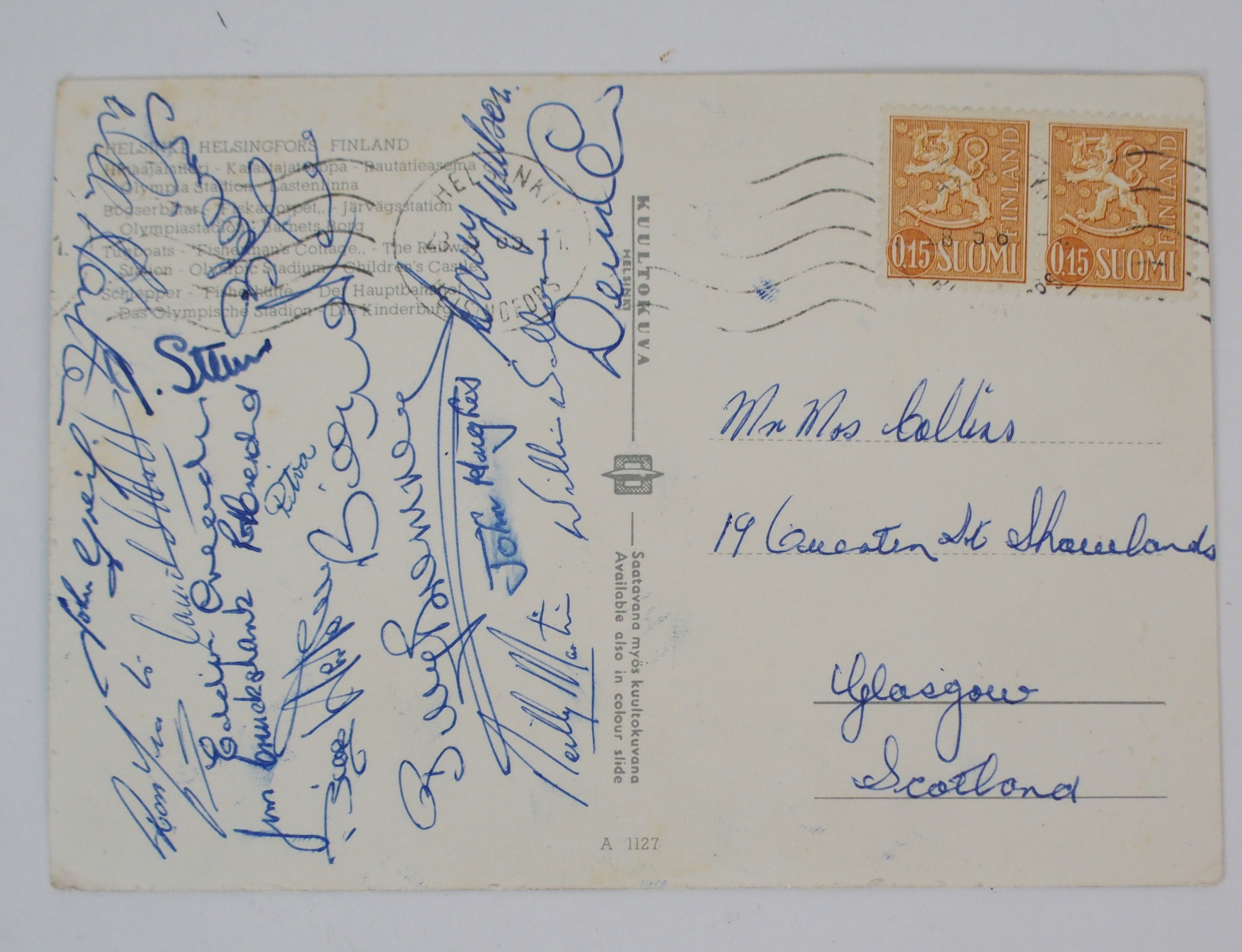 Finland v. Scotland 27/5/1965: An autographed postcard bearing numerous signatures including Denis