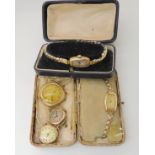 Four 9ct cased vintage watches, and a yellow metal example, weight including two straps,