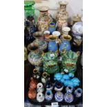 A selection of cloisonne vases, kutani vases, satsuma vases, crackleware vases, a pair of green