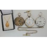 A 9ct gold locket, weight 2.8gms, three silver pocket watches and a partial silver fob chain all