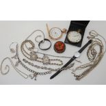 Two silver chains, a silver and marcazite bracelet, two (af) pocket watches etc Condition Report: