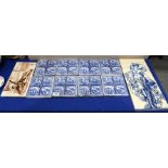 Eight Minton tiles, blue and white transfer printed with kingfishers, herons and flowers, moulded