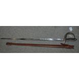 An officers sword with brown leather scabbard, with pierced hand guard and sypher, Fenton Bros,