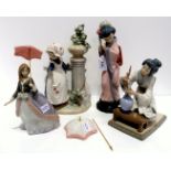 Four Lladro figures including two Geishas Condition Report: The standing figure is missing part of