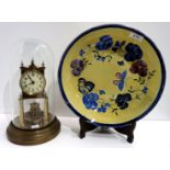 A Gustav Becker clock under glass dome and a handpainted dish dated 1916 Condition Report: Available