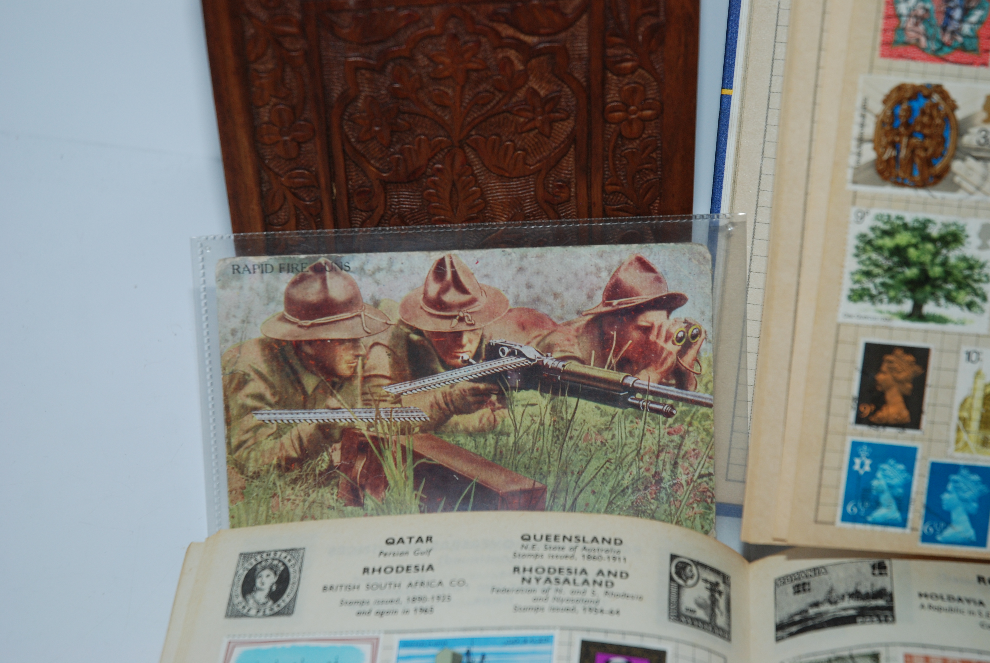Two Improved stamp albums, two embroidered postcards and Rapid Fire Guns postcard Condition - Image 2 of 2