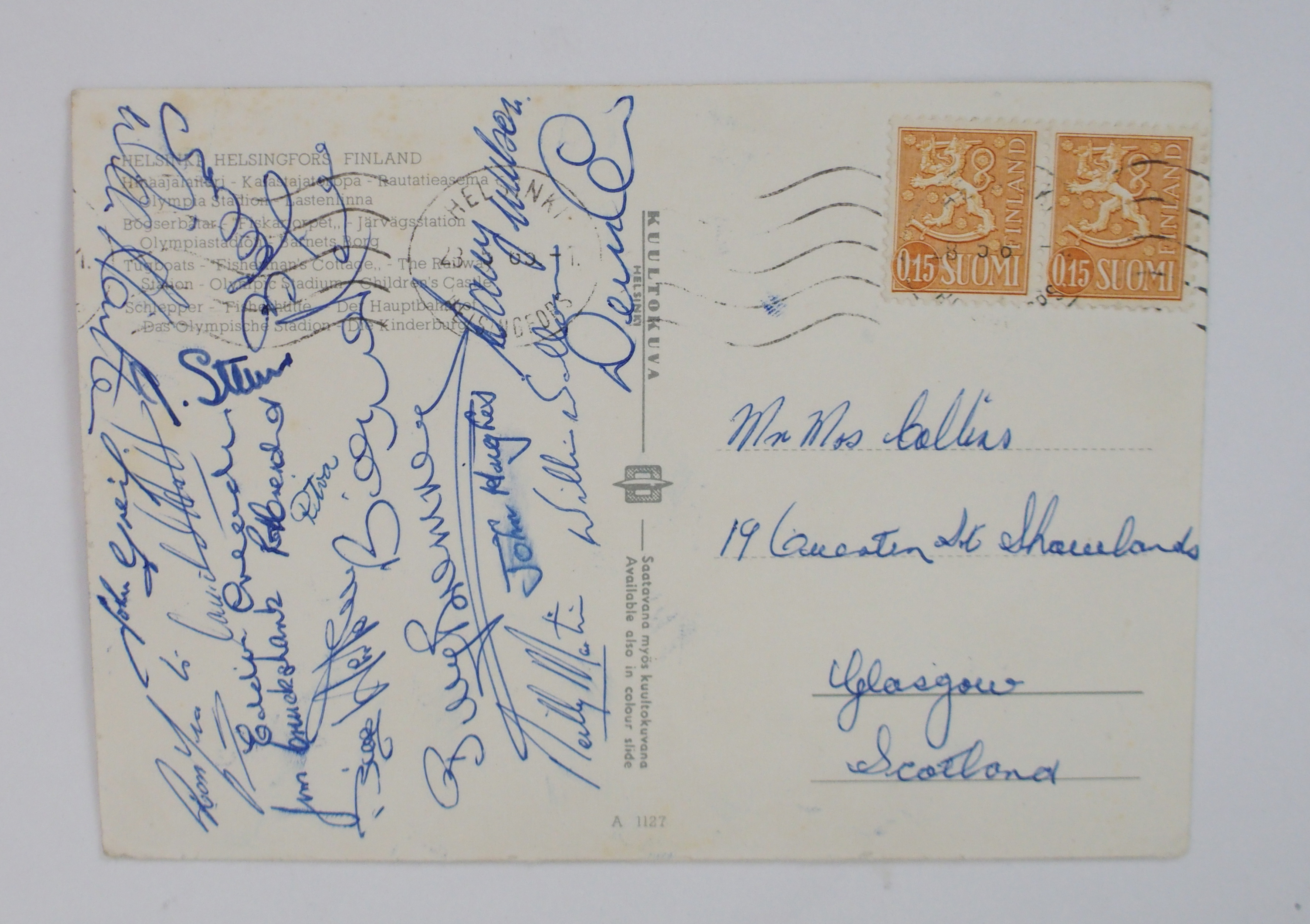 Finland v. Scotland 27/5/1965: An autographed postcard bearing numerous signatures including Denis - Image 4 of 4