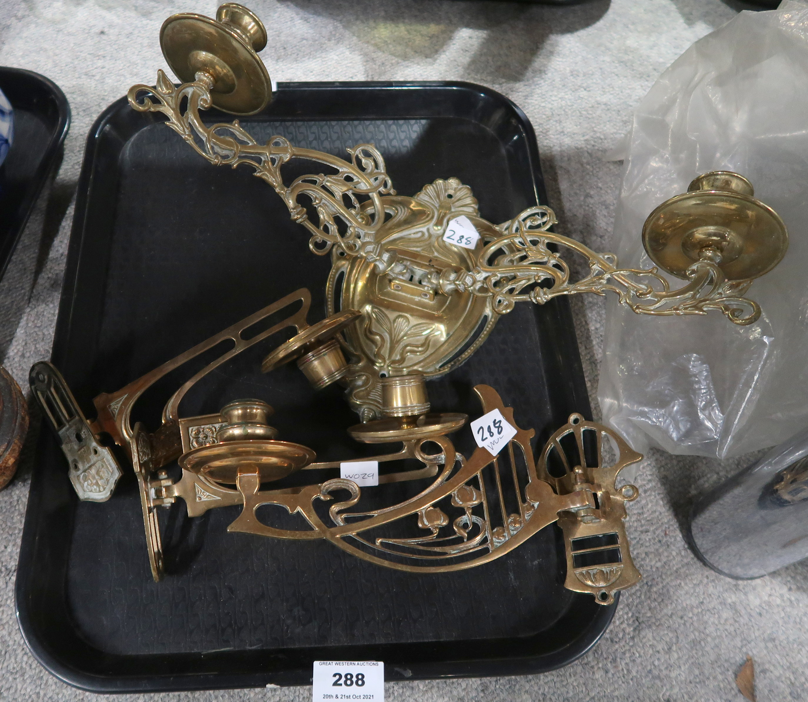 A two branch gilt metal wall sconce, three single branch art nouveau examples Condition Report: