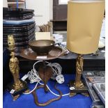 A brass and enamelled stand modelled as a cobra, an Indian metal bowl, two brass lamp bases modelled