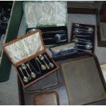 A tray lot of cased cutlery sets & two napkin rings Condition Report: Available upon request