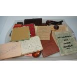 A tray lot of miscellaneous including autographs, pipes, cigarette cases, military booklets etc