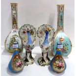 A pair of Augustus Rex style squared bottle vases, painted with flower bouquets and figural