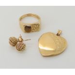 A 9ct gold retro tigers eye ring size P1/2, a 9ct heart shaped locket and a pair of earrings, weight